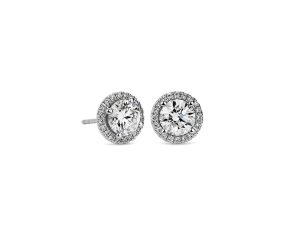 Lady's White 14 Karat Stud - Halo Earrings With One 0.74Ct Round F/I1 Diamond And One 0.74Ct Round F/I1 Diamond