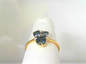 Lady's Yellow 14 Karat Contemporary Fashion Ring Size 7 3=1.11tw Round Bluish Green Sapphires
3=0.20tw Round Diamonds
Type: Ring
Metal Type: 14K Yellow Gold
Gemstones:
5 mm Round Montana Sapphire from Montana, USA (0.59 ct) - 50MS - Enhancement: Heated
4 mm Round Montana Sapphire from Montana, USA (0.30 ct) - 40MS - Enhancement: Heated
3.5 mm Round Montana Sapphire from Montana, USA (0.22 ct) - 36MS - Enhancement: Heated
Total Gem Weight: 1.11 tcw
Diamonds:
Stone Count: 3
Total weight: 0.02 ct
Grade: G-H SI1