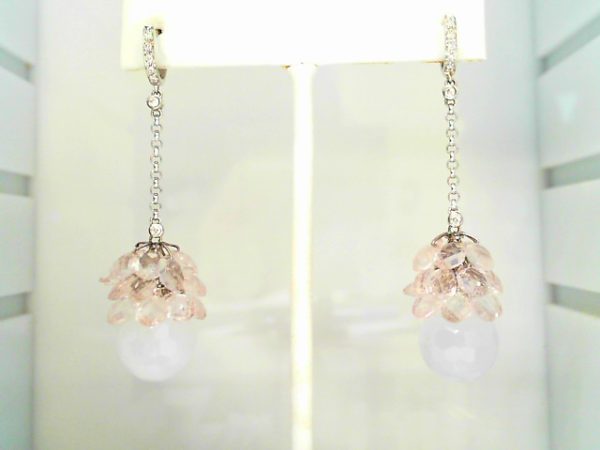Lady's White 18 Karat Long Cable Chain Dangle With Nat Dia 0.15ctw Accents Milky Rose Quartz Briolettes, Faceted Milky Blue Chalcedony Balls Earrings - Image 2