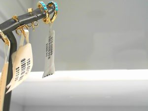 Lady's Yellow 14 Karat Huggie Earrings With 12= Round Turquoises And 0.03Tw Round Diamonds