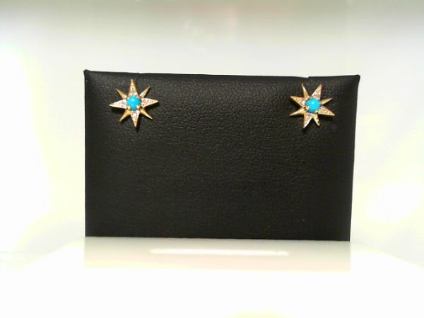 Lady's Yellow 14 Karat Star  Stud Earrings With 2= Round Turquoises And 0.03Tw Round Diamonds