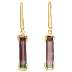 Lady's Yellow 14 Karat Drop Earrings With 2 = 2.31Tw Retangular Cushion Tourmalines