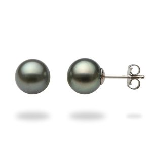 Lady's White 14 Karat Stud Earrings With 2=9.00X9.00Mm Round Black Pearls
