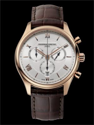MOVEMENT:
FC-292 QUARTZ CHRONOGRAPH CALIBER, 13 JEWELS, 54 MONTHS BATTERY LIFE.

CASE:
ROSE GOLD PLATED POLISHED STAINLESS STEEL 2-PARTS CASE, DIAMETER OF 40 MM. CONVEX SAPPHIRE CRYSTAL. WATER-RESISTANT TO 5 ATM.

DIAL:
SILVER COLOR DIAL, GUILLOCHÉDECORATION AND ROSE GOLD PLATED APPLIED ROMAN NUMERAL INDEXES. DATE DISPLAY AT 6 O’CLOCK. HAND POLISHED ROSE GOLD PLATED HANDS AND BLACK COUNTER.

STRAP:
DARK BROWN CALF LEATHER STRAP.