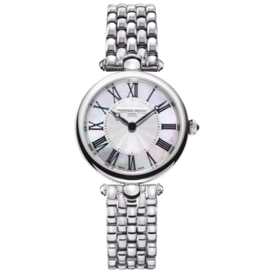 Watch featuring diamond-set bezel and oval dial with Roman numeral hour markers and textured guilloche center
24.5 mm stainless steel case with anti-reflective sapphire dial window
Swiss quartz movement with analog display
Stainless steel link braceletwith deployant clasp
Water resistant to 30 m (99 ft): In general, withstands splashes or brief immersion in water, but not suitable for swimming