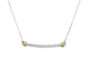 Two Tone .925 & 14K Bar Silver Necklace With 15 = 0.30Tw Round Si1 Diamonds Chain: Cable Link
Metal: .925
Color: White
Length: 18
1.4mm flat cable chain..

15 channel-set diamonds, 1.75mm, 0.3tcw, SI1