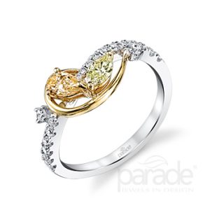 Lady's REVERIE Two Tone W&Y 18 Karat Free Form Fashion Ring Size 6.5
19=0.25tw Round F/G VS2 Diamonds
one 0.18ct Fancy Color Pear Diamond
one 0.17ct Fancy Color Marquise Diamond
Petite in size but large in sparkle, this new Reverie band can be worn alone or stacked with simple diamond bands!
