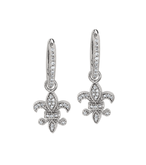 Lady's White 14 Karat Small Hoop W Fluer De Lis Dangle Earrings With 0.35Tw Round G/H Si1 Diamonds