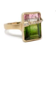 JENNIFER DAWES FAULTLINE  Yellow 14 Karat Matte'  Fashion Ring Size 7 With One = 7.20Ct Emerald Watermelon Tourmaline And 9 = 0.023Tw Round G/H Si2 Diamonds