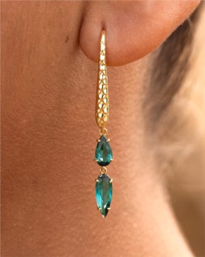 COUTURE "MERMAID" Large  18kt Yellow Gold Double Drop Pear Green Tourmaline set in custom basket settings with Claw tip prongs suspended from 
MERMAID design shepards Hooks