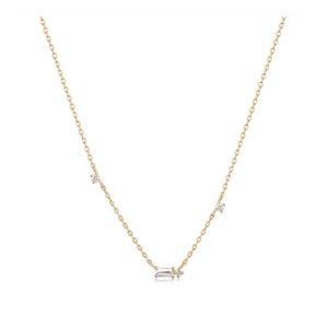 Chic Pistachio Danika Yellow 14 Karat White Sapphire Baguette Necklace Length 16-18", 3mmx1.5/1.3mm/1.4mm

Material: 14kt Solid Gold
Dimensions: 16in + 2in ext.
Thickness: 0.7mm
Weight (grams): 0.89
Stone Type: White Sapphire
Stone Size: 3mm x 1.5mm/1.3mm/1.4mm