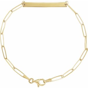 Yellow 14 Karat Paperclip Bracelet Length 7.5 with Engravalbe Bar
