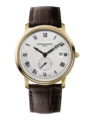 SLIMLINE GENTS SMALL SECONDS

FC-245 QUARTZ MOVEMENT. 10 JEWELS, 25 MONTHS BATTERY LIFE, WITH HOURS, MINUTES, DATE, SMALL SECONDS.

CASE:
YELLOW GOLD PLATED CASE, DIAMETER OF 39MM WITH SAPPHIRE CRYSTAL, HEIGHT 5.0MM. WATER-RESISTANT TO 3 ATM.

DIAL:
SILVER, GUILLOCHÉ DECORATION, PRINTED ROMAN NUMERALS.

STRAP:
LEATHER STRAP.