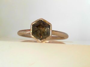 VMJ ORIGINAL White 14 Karat Bezel Set Satin Hexagonal Rose  Salt&Pepper Natural Diamond1.13ct  Engagement Ring Size 7