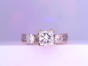 Lady's White 14 Karat Contemporary Engagement Ring Size 4.5 With One 0.30Ct Princess G/H Si1 Diamond And 8= Round Diamonds