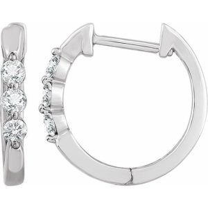 Lady's White 14 Karat Small Hoop Earrings With 6=0.90Tw Rose Cut G/H Si2 Diamonds