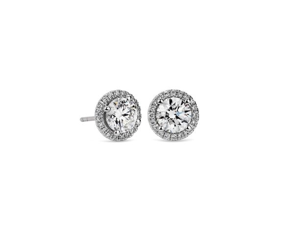 Lady's White 14 Karat Stud - Halo Earrings With One 0.74Ct Round F/I1 Diamond And One 0.74Ct Round F/I1 Diamond