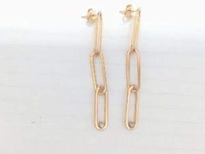 Lady's Yellow 14 Karat Paperclip Earrings With 2 = Round Diamonds