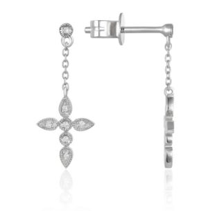 Lady's White 14 Karat Milgrain   Cross Drop Earrings 14 = 0.04tw Round G/H SI3 Diamonds