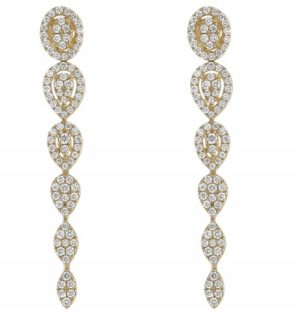Lady's Yellow 14 Karat Drop Earrings = 0.95tw Round H/I SI1 Diamonds
14K yellow gold cascading shaped dangling drop earrings set with 0.95 ct. white round diamonds and suspended from post and pushback.