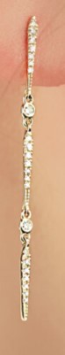 Lady's Yellow 14 Karat Straight Dangling Earrings 
46 = 0.15tw Round Diamonds 
Gram Wt: 1.2