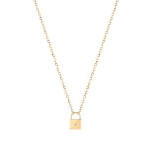 Rehana Yellow 14 Karat Fine Link Necklace Length 18  to 20 inches With Round Diamondsane Padlock