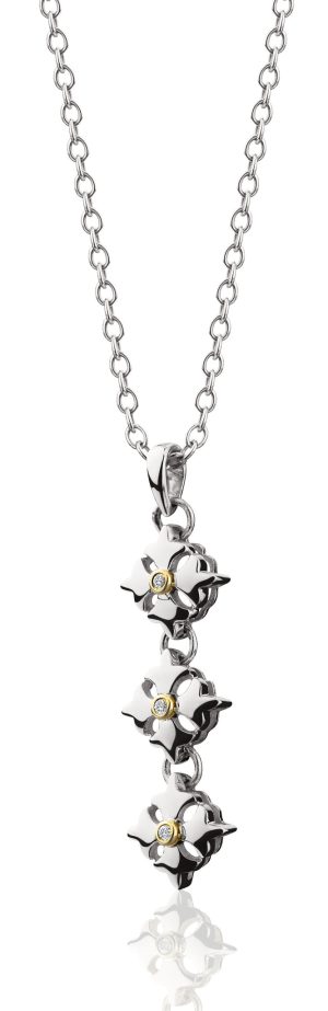 Polished sterling silver necklace featuring three linked KIR logo designs with 1.5pt diamonds at the center hanging on an 18" cable chain