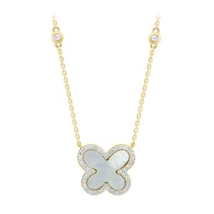 Lady's Yellow 14 Karat Mother Of Pearl/Natural Diamond Butterfly With Bezel Diamond Stations Necklace Length 18 0.lobster Clasp .41tw Round G/H SI1 Diamonds