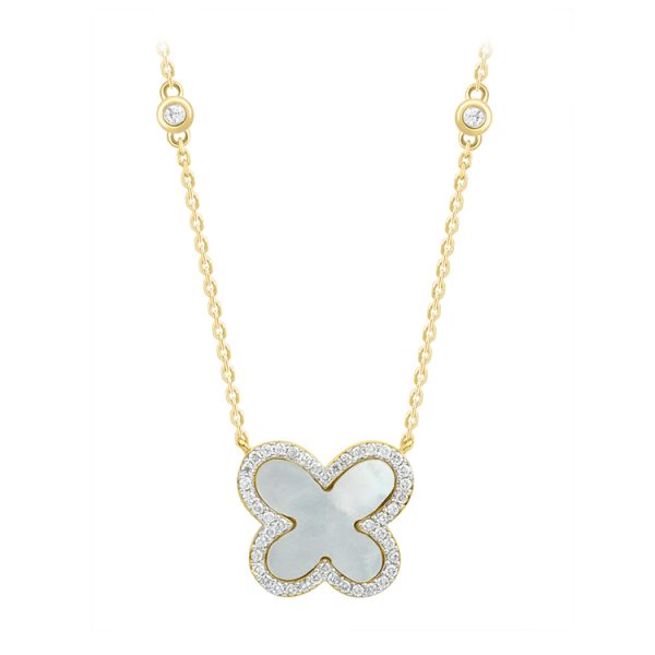 Lady's Yellow 14 Karat Mother Of Pearl/Natural Diamond Butterfly With Bezel Diamond Stations Necklace Length 18 0.lobster Clasp .41tw Round G/H SI1 Diamonds