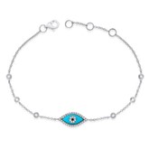 Lady's White 14 Karat Turquoise/Dia Evil Eye Bracelet Length 7" adjustable,  one 0.01ct Round G/H SI1 Diamond
0.01tw Round G/H SI1 Diamonds, spring ring closure