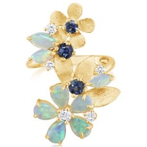 PARLE Lady's Yellow 14 Karat Flower Fashion Ring Size 6.5 8 = Various Shapes Opals
= 0.28tw Round G/H SI1 Diamonds
3 = Round Sapphires

Gemstones:
7 x 3.5 mm Marquise Calibrated Light Opal from Australia (0.27 ct) - 73N1 - Enhancement: None (Natural)Five 6 x 4 mm Pear Calibrated Light Opals from Australia (1.15 tcw) - 64N1 - Enhancement: None (Natural)
Two 3.5 mm Round Montana Sapphires from Montana, USA (0.44 tcw) - 36MS - Enhancement: Heated
Two 6 x 3 mm Marquise Calibrated Light Opals from Australia (0.32 tcw) - 63N1 - Enhancement: None (Natural)
3 mm Round Montana Sapphire from Montana, USA (0.14 ct) - 30MS - Enhancement: Heated
Total Gem Weight: 2.32 tcw
Diamonds:
Stone Count: 5
Total weight: 0.28 ct
Grade: G-H SI1
* All dimensions and weights are appro