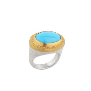 Lady's Two Tone 24K & .925 Varies Contemporary Fashion Ring Size 7 With One = 7.03Ct Oval Turquoise from Sleeping Beauty Mine