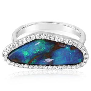 Lady's White 14 Karat Aus Bldr Opal Fashion Ring Size 7 one = Various Shapes Boulder Opal Very Bright Opal
= 0.24tw Round E/F VS2 Diamonds
Gemstone:
Freeform Boulder Opal from Australia (Weight Varies) - M-BO-2AI - Enhancement: None (Natural)
Total Gem Weight: 4.76 tcw
Diamonds:
Forty 1.05 mm Round Diamonds (0.24 tcw | grade: H-I SI2) - 00D2 - Enhancement: None (Natural)