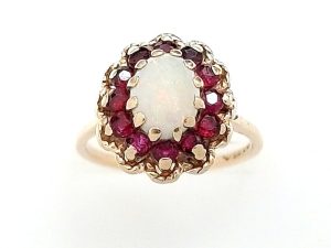 Lady's Yellow 14 Karat Flower Fashion Ring Size 7 With One = Oval Opal And 12 = Round Rubys