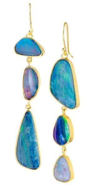 Nina Nguyen Yellow Matte 18 Karat Yellow MatteTriple Boulder Opal And Champagne Rose Cut  Diamond Drop Earrings 6=11.70tw Various Shapes Opals
4=0.12tw Rose Cut Diamonds
