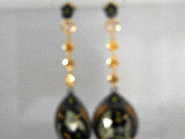 Green Goddess earrings - 14ky/24k inlay/Oxidized sterling silver, Faceted Ocean jasper (2)0 15x15mm, Green Tourmaline (4) 3mm, Citrine 3.7mm, diamonds (.25ctw) - Image 2