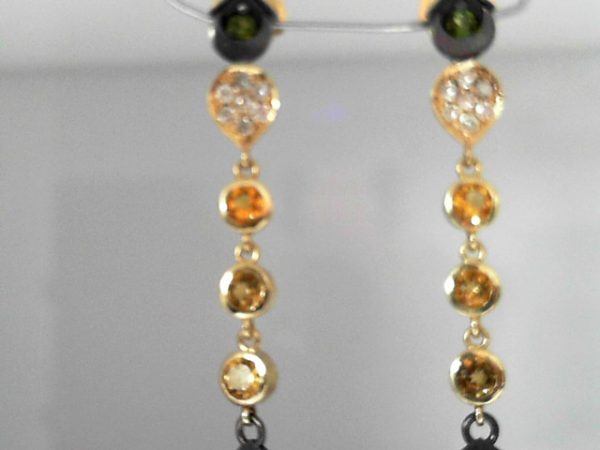 Green Goddess earrings - 14ky/24k inlay/Oxidized sterling silver, Faceted Ocean jasper (2)0 15x15mm, Green Tourmaline (4) 3mm, Citrine 3.7mm, diamonds (.25ctw) - Image 3