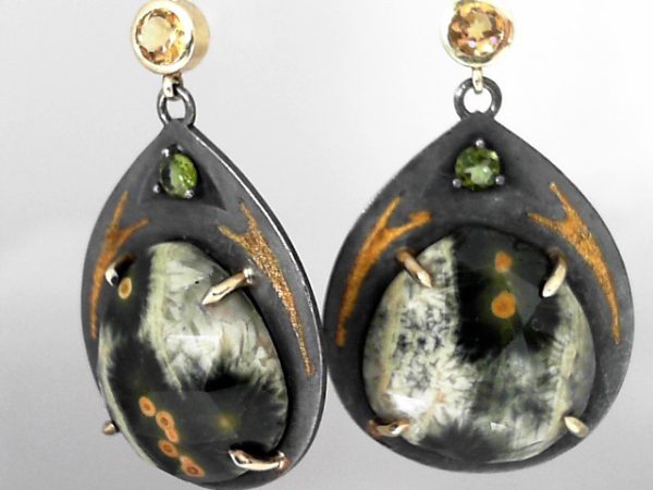 Green Goddess earrings - 14ky/24k inlay/Oxidized sterling silver, Faceted Ocean jasper (2)0 15x15mm, Green Tourmaline (4) 3mm, Citrine 3.7mm, diamonds (.25ctw) - Image 4