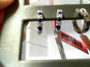 Lady's White 14 Karat Small Hoop Earrings With 8=0.56Tw Round Blue Sapphires And 0.16Tw Round Diamonds