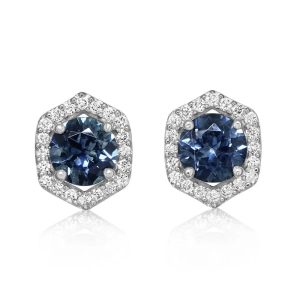 PARLE Hex Natural Diamond  Halo Stud Earrings with Montanta Sapphire Centers
 Metal Type: 14K White Gold
Gemstone:
Two 5 mm Round Montana Sapphires from Montana, USA (1.18 tcw) - 50MS - Enhancement: Heated
Total Gem Weight: 1.18 tcw
Diamonds:
Forty0.925 mm Round Diamonds (0.20 tcw | grade: H-I SI2) - 000D2 - Enhancement: None (Natural)
Diamond Weight: 0.17 tcw
Friction backs