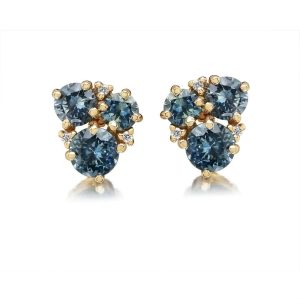 Lady's Yellow 14 Karat Stud Earrings With 6=1.32Tw Round Bluish Green Sapphires And 6=0.20Tw Rose Cut Diamonds
Type: Earrings
Metal Type: 14K Yellow Gold
Gemstones:
Two 4 mm Round Montana Sapphires from Montana, USA (0.60 tcw) - 40MS - Enhancement: Heated
Two 3.5 mm Round Montana Sapphires from Montana, USA (0.44 tcw) - 36MS - Enhancement: Heated
Two 3 mm Round Montana Sapphires from Montana, USA (0.28 tcw) - 30MS - Enhancement: Heated
Total Gem Weight: 1.32 tcw
Diamonds:
Stone Count: 6
Total weight: 0.2 ct
Grade: G-H SI1