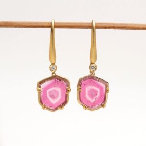 ONE-OF-A-KIND Lady's Yellow 14 Karat Matte' Drop Earrings 2 = Free Form Pink Watermelon Tourmaline Slices prong set with double claw tip prongs and 
2 = 0.06tw Round F/G VS2 Diamonds bezel set 

Created in Barcelona these One-of-a-kind Drop Earrings have it all! Classic, sleek style yet unexpected with Stunnink Pink Watermelon Tourmaline Slices offset with sparkling RNatural Diamonds!!