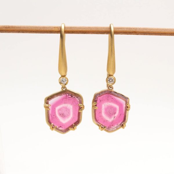 ONE-OF-A-KIND Lady's Yellow 14 Karat Matte' Drop Earrings 2 = Free Form Pink Watermelon Tourmaline Slices prong set with double claw tip prongs and 
2 = 0.06tw Round F/G VS2 Diamonds bezel set 

Created in Barcelona these One-of-a-kind Drop Earrings have it all! Classic, sleek style yet unexpected with Stunnink Pink Watermelon Tourmaline Slices offset with sparkling RNatural Diamonds!!