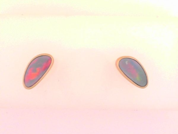 Lady's Yellow 18 Karat Matte' Boulder Opal Bezel Button Earrings 2 = 1.44tw Pear Blue Purple Fairly Bright Opals - Image 2