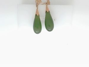 Lady's Yellow 14 Karat Drop Earrings With 2 = Pear Green Jades