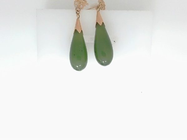 Lady's Yellow 14 Karat Drop Earrings With 2 = Pear Green Jades