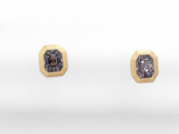 Lady's Yellow 18 Karat Matte' 18Ky Matte Gold Bezel Studs Earrings 2 = 1.35tw Emerald Bluish Violet Grayish Spinels - Image 2