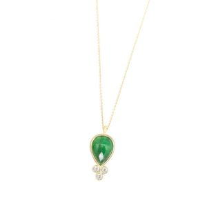 Lady's Yellow 18 Karat Emerald Drop Necklace Chain: Cable Link
Metal: 18 Karat
Color: Yellow
Clasp: Spring
Necklace Information
Metal: 18K Gold
Length: 15-17''
Metal Weight (g): 2.3-2.5
Diamond Information
Shape: Round
Diamond Size: 1.2mm
Clarity: SI1
Total Carat Weight: 0.03
No. Of Diamonds: 3
Gemstone Information
Stone Size: 7x10mm
Total Carat Weight: 3
No. Of Stones: 1