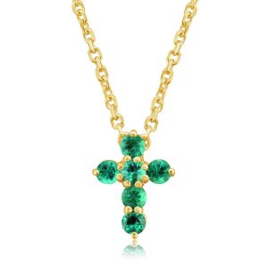 Lady's Yellow 14 Karat Emerald Cross Necklace With 6=0.18Tw Round Green Emeralds Chain: Cable Link
Metal: 14 Karat
Color: Yellow
Length: 18