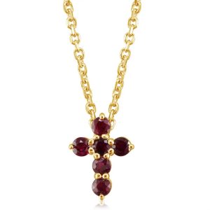 Lady's Yellow 14 Karat Ruby Cross Necklace With 6=0.30Tw Retangular Cushion Red Rubys Chain: Cable Link
Metal: 14 Karat
Color: Yellow
Length: 18